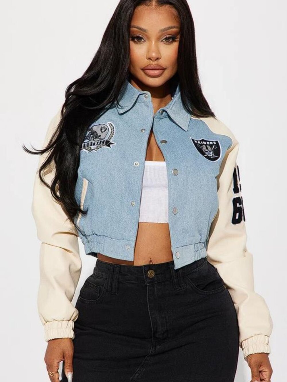 FASHION NOVA Women's NFL Raiders Denim Jacket Size XS (Damaged)